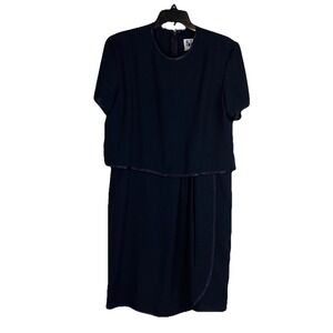 R.J. & Co. Womens Tiered Shift Dress 10 Navy Blue Polyester Satin‎ Trim Classic